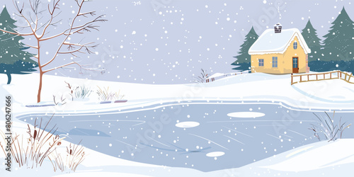 Winter Wonderland: Scenic Village Landscape with Snow-Covered Cottage and Frozen Lake - Vector Parallax Background for Animation