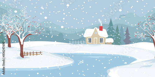 Winter Wonderland: Scenic Village Landscape with Snow-Covered Cottage and Frozen Lake - Vector Parallax Background for Animation