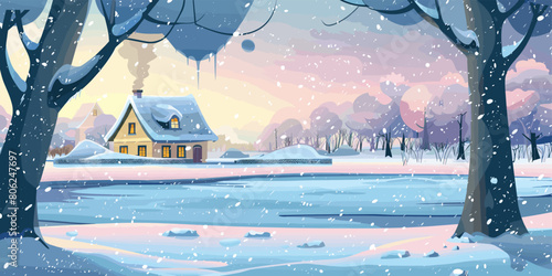 Winter Wonderland: Scenic Village Landscape with Snow-Covered Cottage and Frozen Lake - Vector Parallax Background for Animation