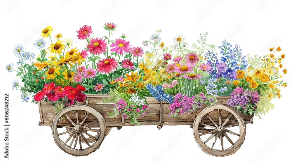 A whimsical clip art of a flower cart, with overflowing baskets of colorful blooms.