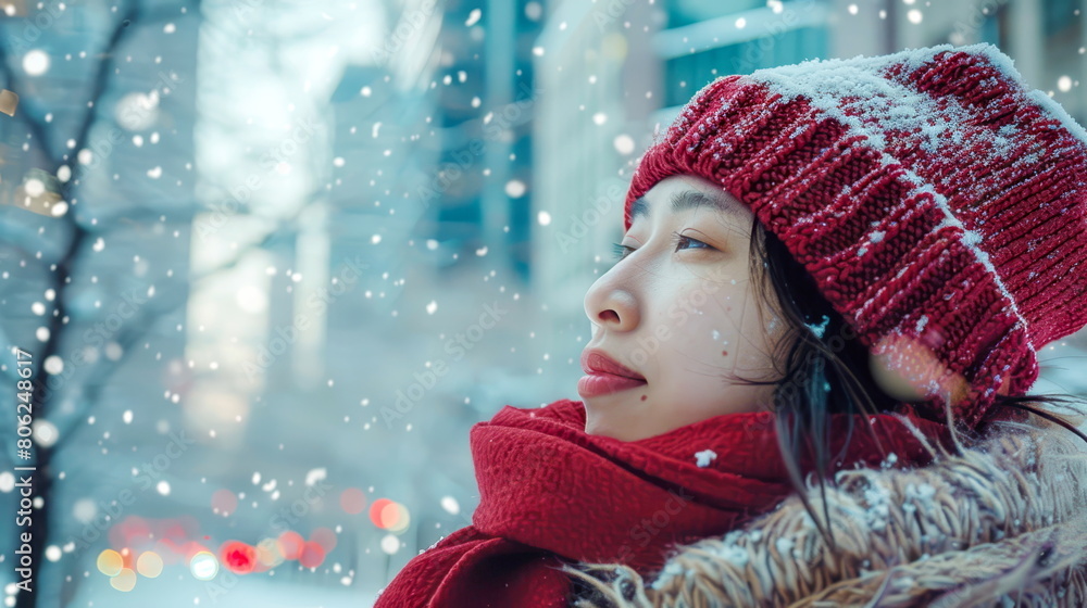 Captivating photo of a woman with headphones in a snowy urban se Captivating photo of a woman with headphones in a snowy urban se