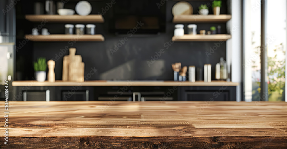 Wooden light empty countertop on the background of a modern dark gray kitchen, kitchen panel with accessories in the interior. Scene showcase template for promotional items, banner, copy space