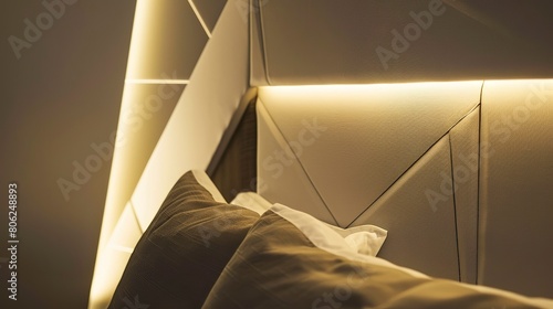 Contemporary bedroom, close-up of geometric headboard, sharp lines, indirect light  photo