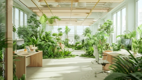 Lively office interior with green walls and employees in a meeting  viewed through foliage  emphasizing productivity in a sustainable environment.