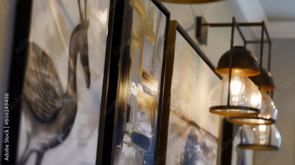 Luxury showcase home, wall art display close-up, curated pieces, gallery style lighting 