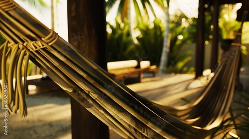 Tropical bungalow, hammock tie close-up, lazy afternoon, breeze rustling  photo