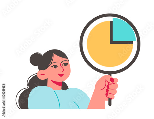 Analyzing woman with magnifying glass looking at chart