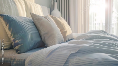 Vacation villa bedroom, luxurious bed linen close-up, crisp and inviting, morning light 
