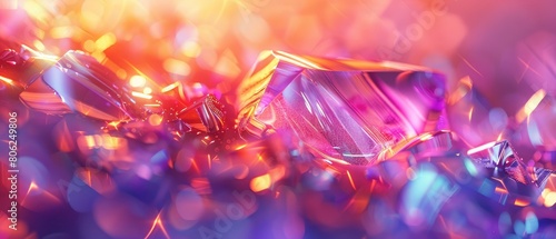 The holographic background features glass shards reflecting rainbow hues in a vibrant mix of purple, red, and orange, creating an abstract, trendy pattern with a magical effect