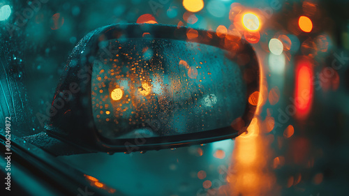 Rainy Evening Through a Car's Rearview Mirror