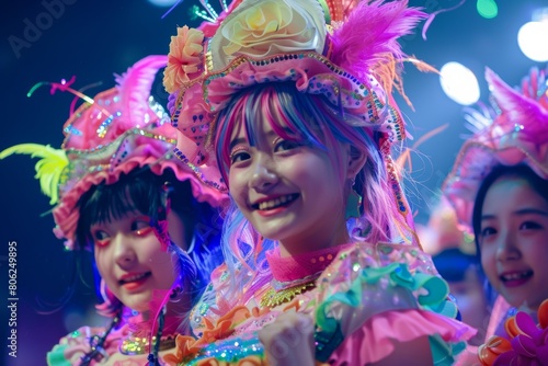 A group of little Asian girls in colorful and adorable outfits that have lots of textured  colored ribbon flowers. And they re enjoying a happy time at a festival.