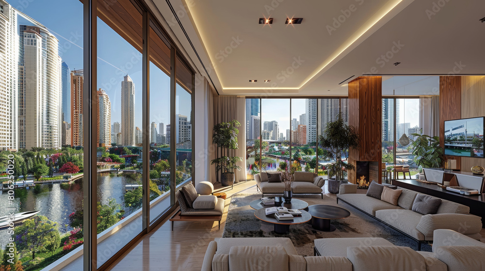 Fototapeta premium Luxurious modern living room with large windows offering a stunning city view, stylish furniture, and natural light.