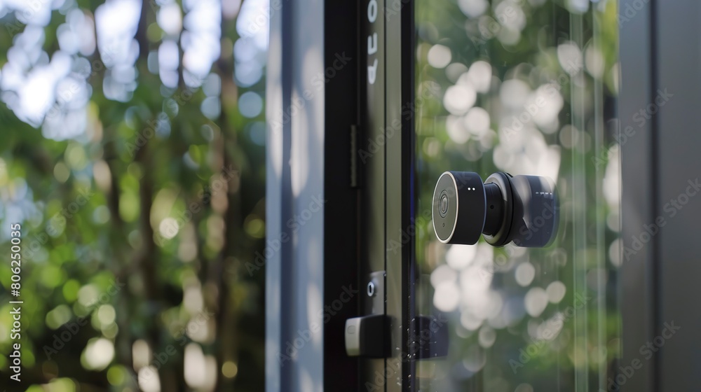 Smart doorbell camera, exterior view close-up, secure entry monitoring, clear day Smart doorbell camera, exterior view close-up, secure entry monitoring, clear day