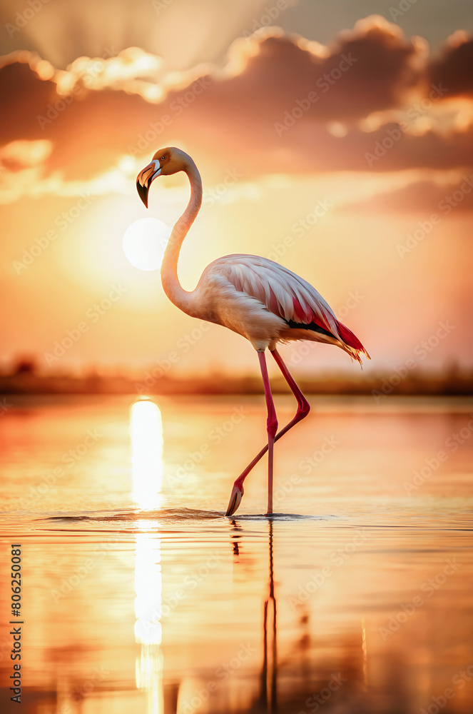 Fototapeta premium beautiful golden colored of flamingo in sunset time. AI Generative