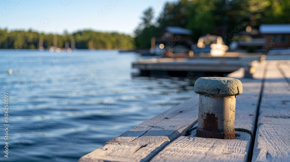 Waterfront home, dock cleat close-up, moored boat in background, serene lake view Waterfront home, dock cleat close-up, moored boat in background, serene lake view