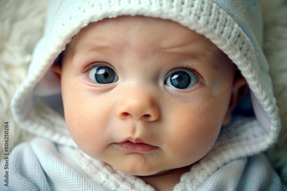 A baby wearing a white hat and blanket looks at the camera with big eyes. AI Generative A baby wearing a white hat and blanket looks at the camera with big eyes. AI Generative