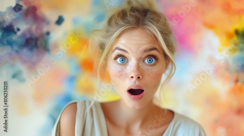 Surprise, amazed young woman at camera with colorful abstract painting in background, open expression reaction emotion surprise