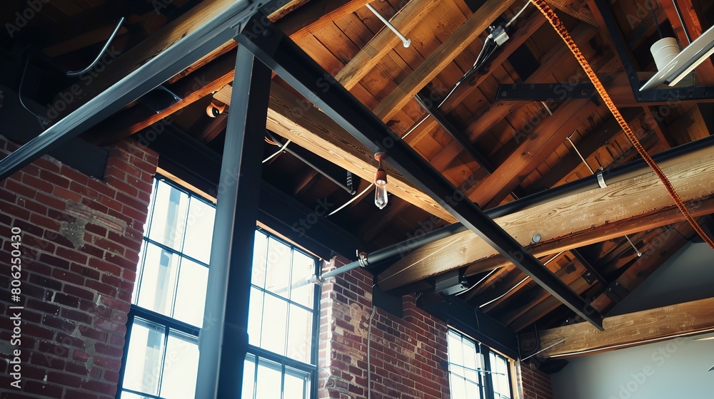Industrial loft, exposed brick and beam close-up, urban conversion, soft indoor glow