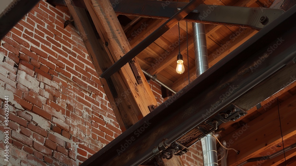 Industrial loft, exposed brick and beam close-up, urban conversion, soft indoor glow 