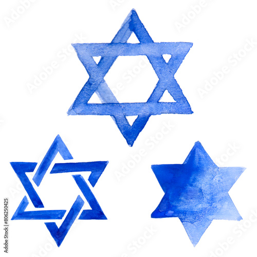 Star of David set. Blue ink brush color watercolor illustration of three silhouettes.
