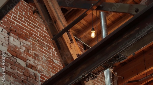 Industrial loft, exposed brick and beam close-up, urban conversion, soft indoor glow 