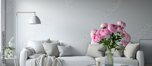 Modern, contemporary interior mockup with lamp, floor lamp, peonies bouquet flowers, furniture. Overlay shadow light effect. Apartment with empty wall. Generative ai photo