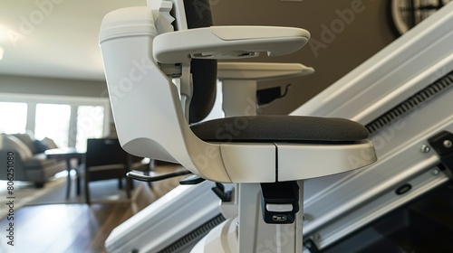 Close-up of stair lift in a home, side view, sleek design, safety features prominently displayed