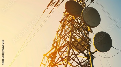 A modern telecommunications tower at sunset, warm golden lighting, close-up on intricate wiring and antennas, clear sky background --ar 16:9 --stylize 0 Job ID: 13fa6251-ef46-4dc8-9c15-5b2caea98518