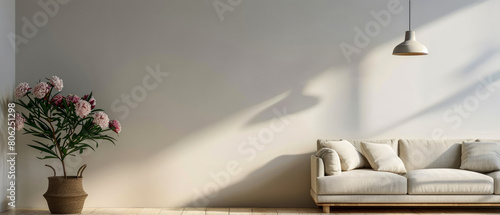 Modern, contemporary interior mockup with lamp, floor lamp, peonies bouquet flowers, furniture. Overlay shadow light effect. Apartment with empty wall. Generative ai photo