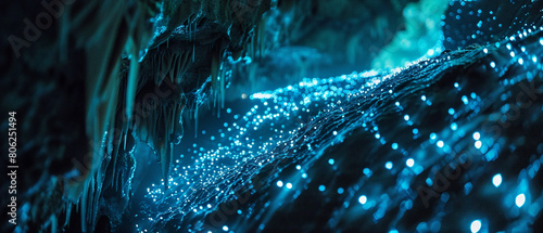 Majestic glowworms create an ethereal light show in a dark cave, mesmerizing all who enter. photo