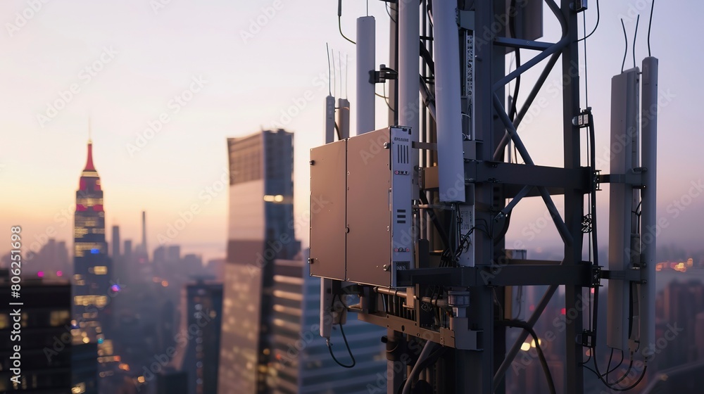 Fototapeta premium Close-up of a 5G mobile network tower, focus on panels and equipment, dusk lighting, city skyline in the background