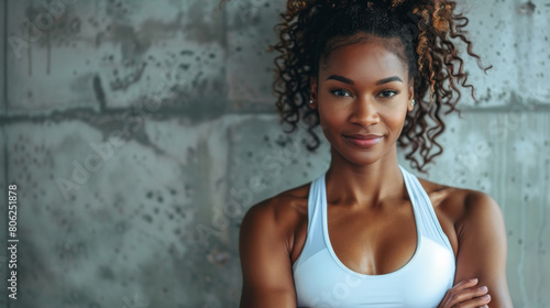 A confident and athletic young woman posing in a gym setting  wearing a white sports bra and exuding strength.