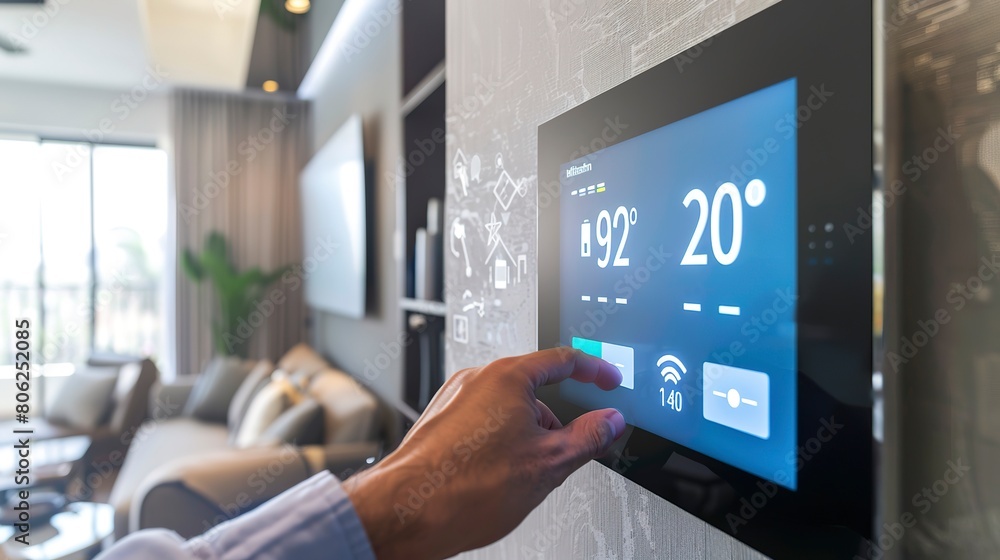 Smart home thermostat on a living room wall, close-up, hand adjusting temperature, modern interior in the background Smart home thermostat on a living room wall, close-up, hand adjusting temperature, modern interior in the background