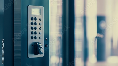 Close-up of a digital office intercom system on a wall, button being pressed, clear focus, muted office colors 