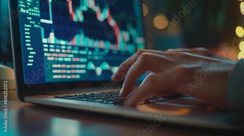 Trader analyzing financial data on multiple screens, late-night crypto trading. Bull and bear market trends in focus photo