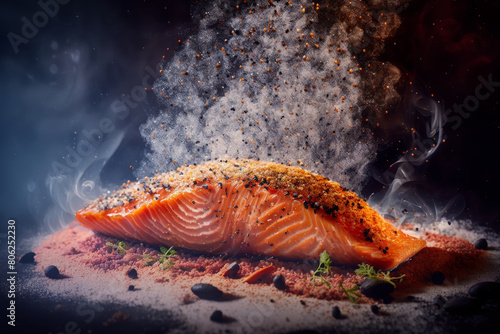close up sear salmon fillet with hot heat smoke flame 
