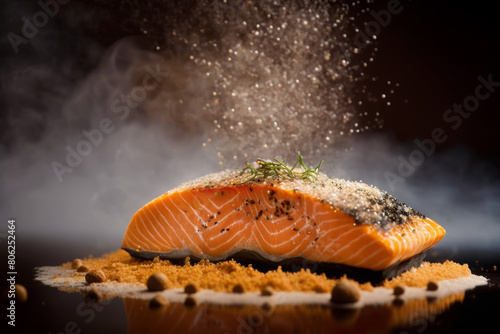 close up sear salmon fillet with hot heat smoke flame  photo