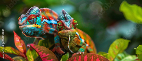 Colorful chameleons camouflaged among vibrant tropical foliage  seamlessly blending into their lush surroundings.
