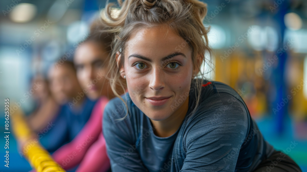 A young woman with a focused expression stretches during a workout in a busy gym. A young woman with a focused expression stretches during a workout in a busy gym.