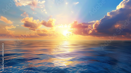 The sun is shining on the ocean, creating a beautiful and serene scene. The water is calm and the sky is clear, making for a perfect day to relax and enjoy the view