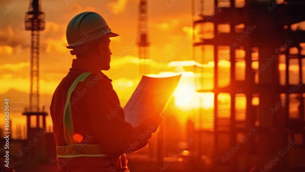 A silhouette of male architect or engineer looking at the blueprint Planning and reviewing blueprints while standing construction site in the evening light of sunset A silhouette of male architect or engineer looking at the blueprint Planning and reviewing blueprints while standing construction site in the evening light of sunset