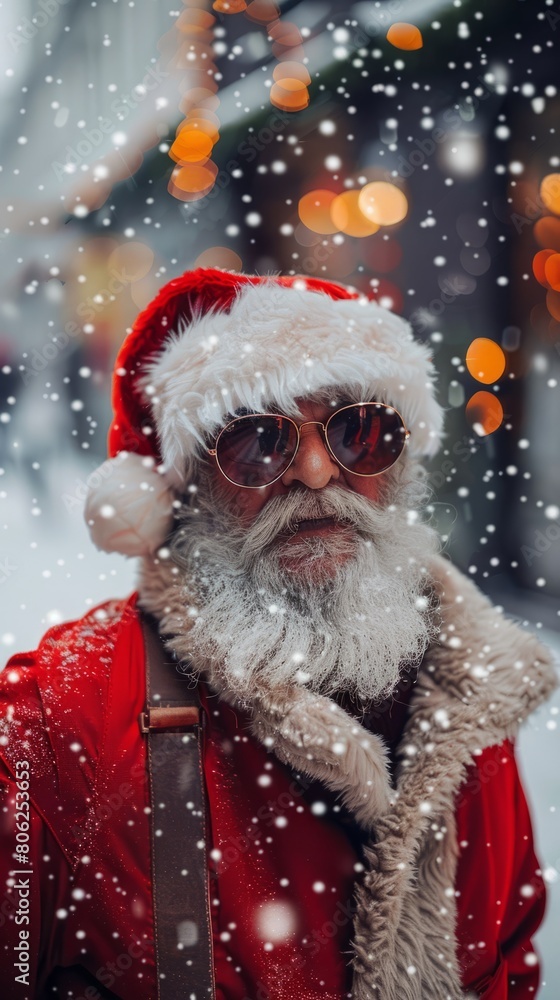 brutal Santa Claus in warm red jacket and sunglasses looking at camera on blurred winter street brutal Santa Claus in warm red jacket and sunglasses looking at camera on blurred winter street