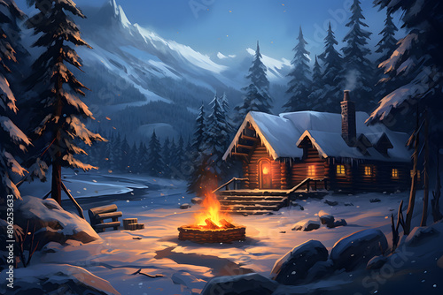 illustrated house in the snow, snowy hoouse in nature illustrated with bon fire burning on the front porch