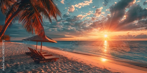 Tourism background with Idyllic Sunset Beach. Tropical Holiday Destination. photo