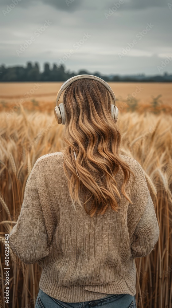 Woman wearing bluetooth headphones standing in wheat field Woman wearing bluetooth headphones standing in wheat field