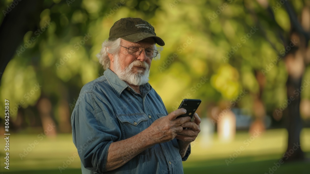 Senior man using smartphone in a park, technology connectivity in retirement. Elderly engagement with modern devices concept. Senior man using smartphone in a park, technology connectivity in retirement. Elderly engagement with modern devices concept.