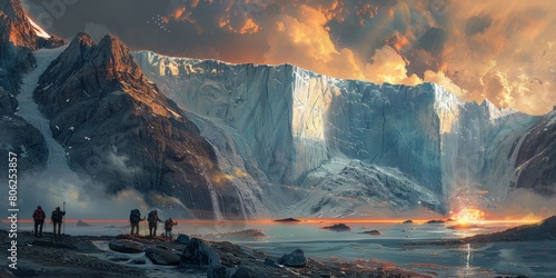 Hikers in awe in front of a glacier wall in the mountains photo