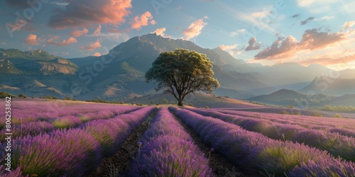 Single tree at the end of rows of flowering lavender, lavender field with mountains in the background