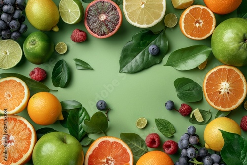 A colorful fruit salad with apples, oranges, and raspberries, free space for text