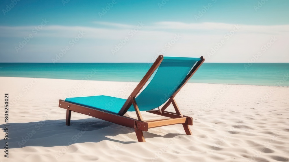solitary striped beach chair sits invitingly on a pristine sandy beach. The brilliant blue sea in the background contrasts starkly with the vibrant blue stripes, Travel and vacation